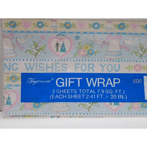 Vtg Wedding Gift Wrapping Paper 2 Sheets 7.9 Sq. Ft. Hearts Bells Doves - Picture 2 of 6